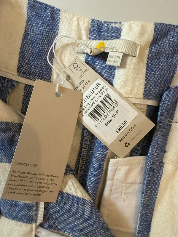BNWT Boden Blue & White Stripe Wide Leg Linen Trousers 10R