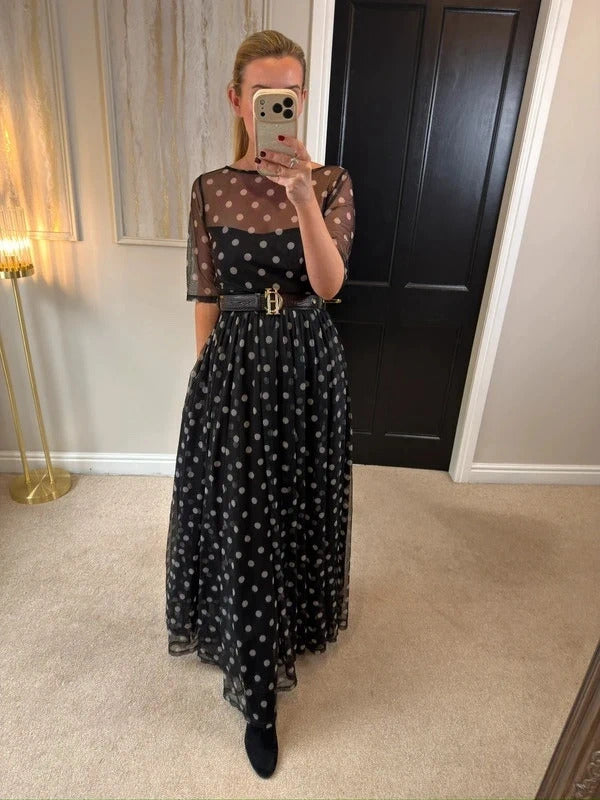 Floryday Black & White Polka Dot Mesh Maxi Dress Medium