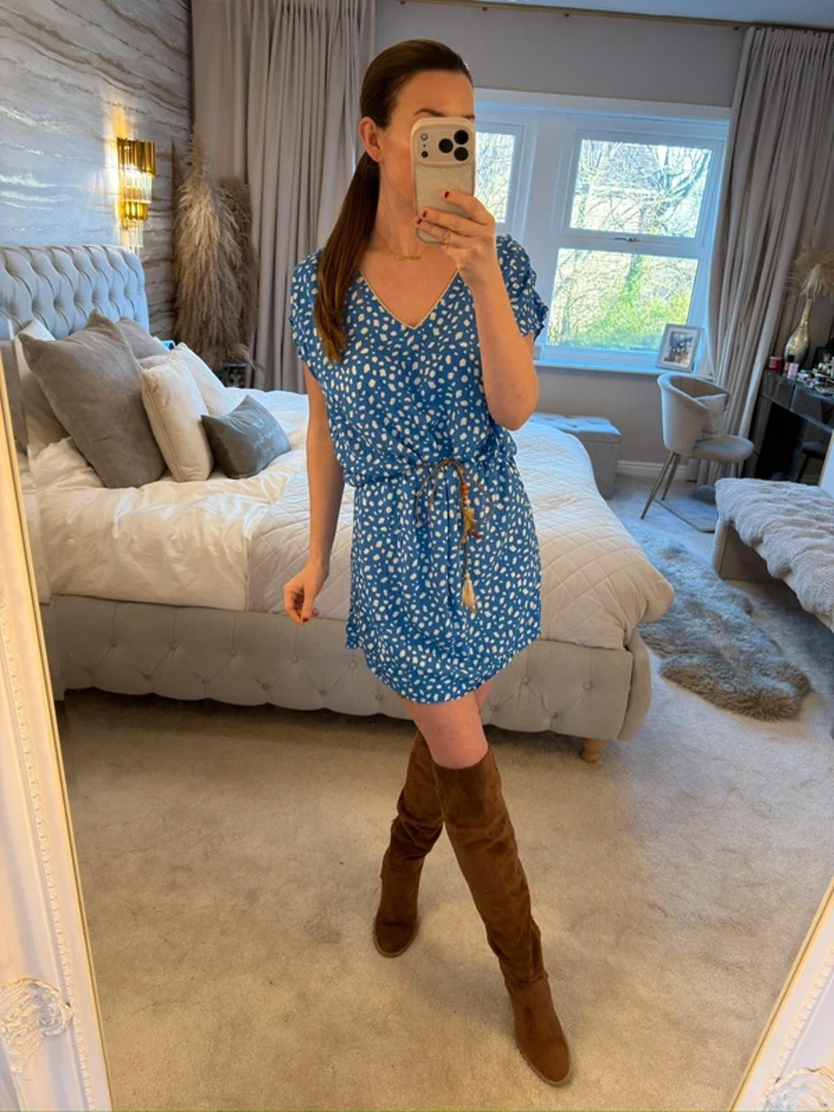 GOA Blue & White Boho Tie Mini Dress 10
