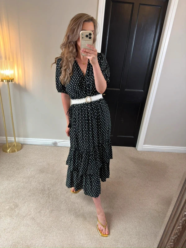 Knox Rose Black & White Tie Wrap Tiered Midi Dress Large