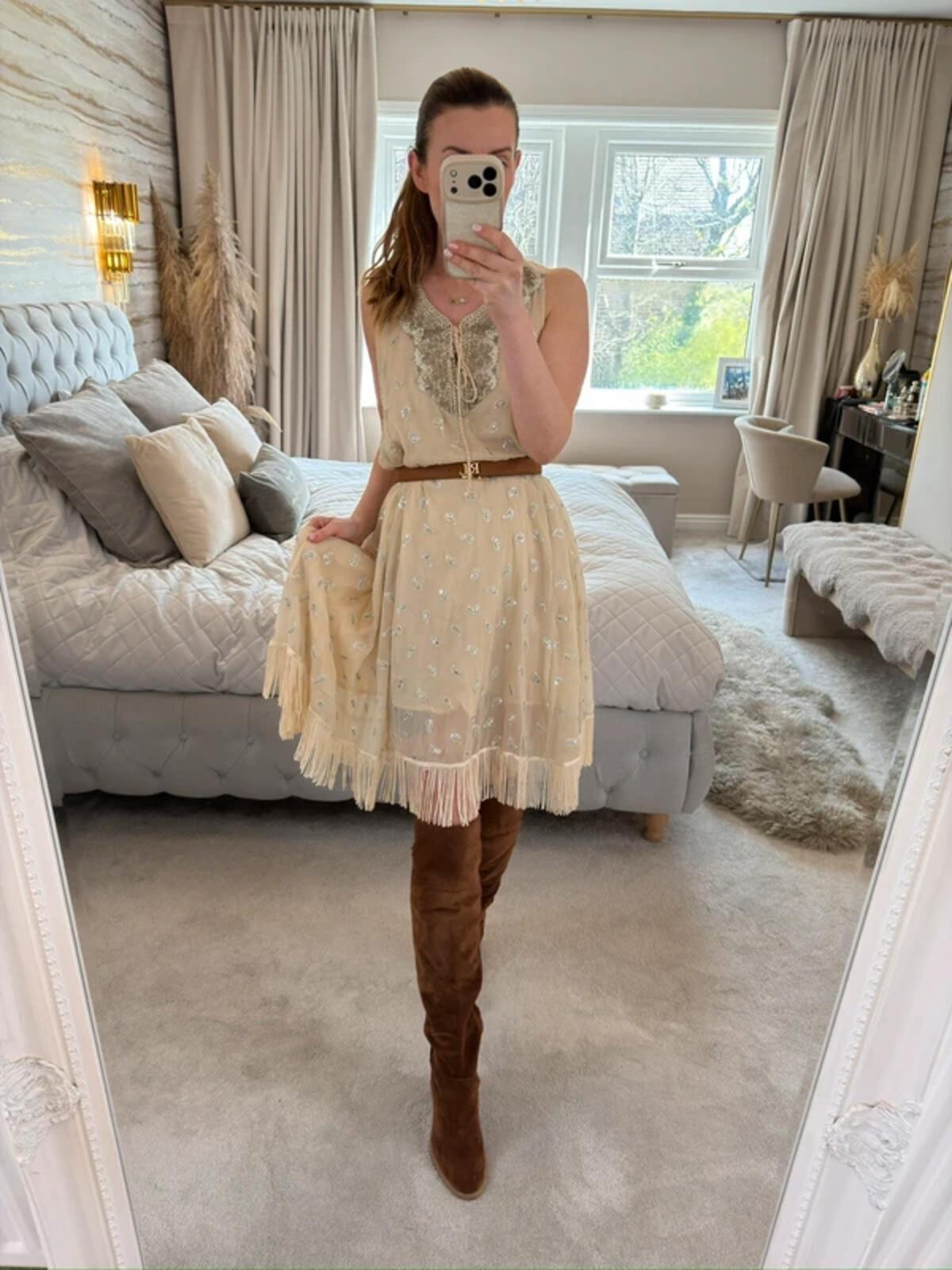 ⭐ Shilpavan Decor Exclusive Beige Boho Tassel Embellished Dress Medium