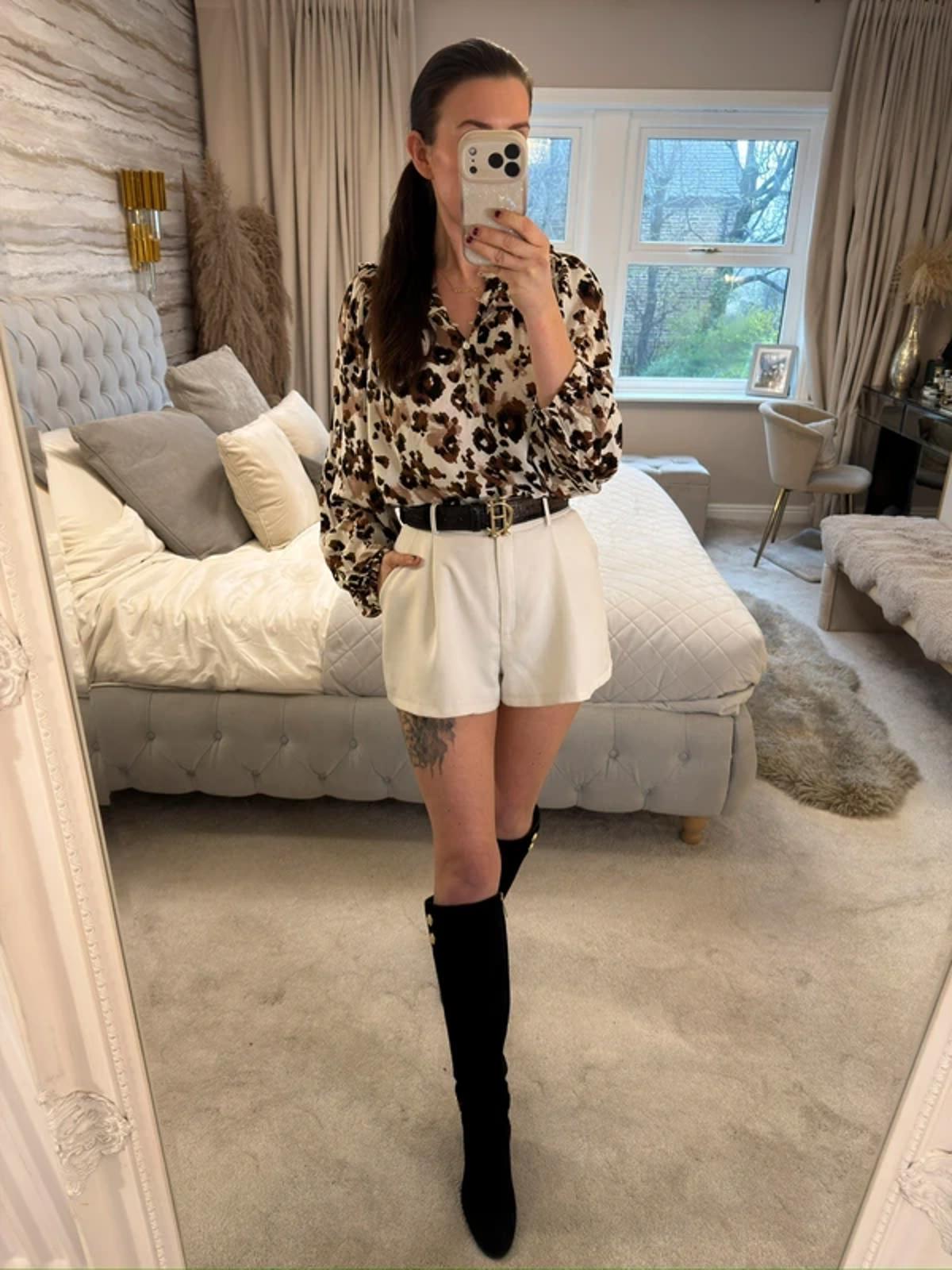White & Brown Boho Animal Print Blouse 16