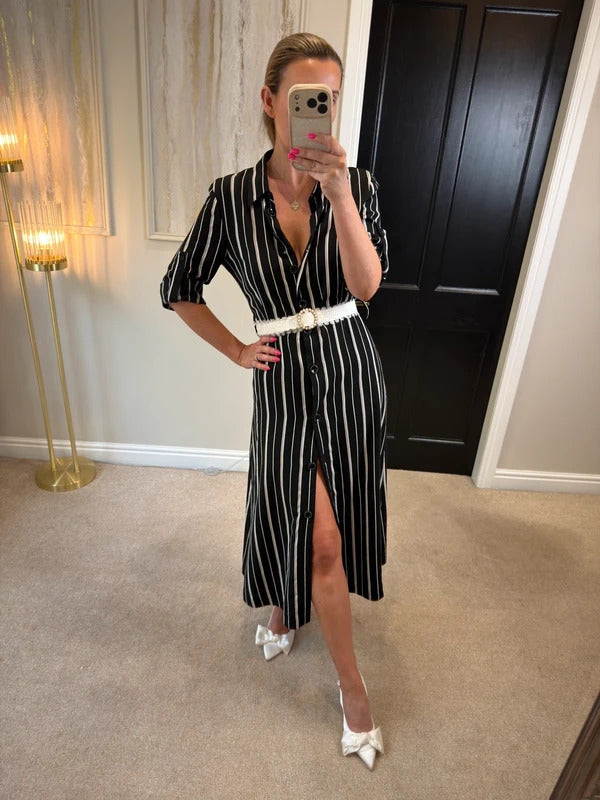 Riani Black & White Striped Shirt Dress Short Sleeve Size 10
