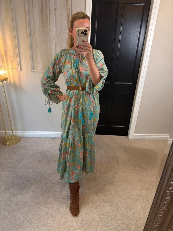 Soho Turquoise / Blue Boho Midi Dress L/XL