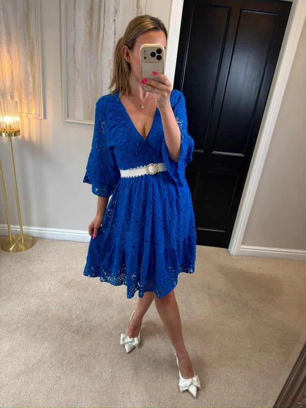 Boutique Cobalt Blue Lace Frill Dress One Size