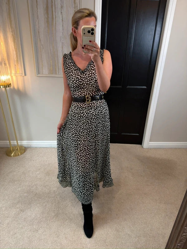 Black & White Spotty Sheer Belted Dress Medium