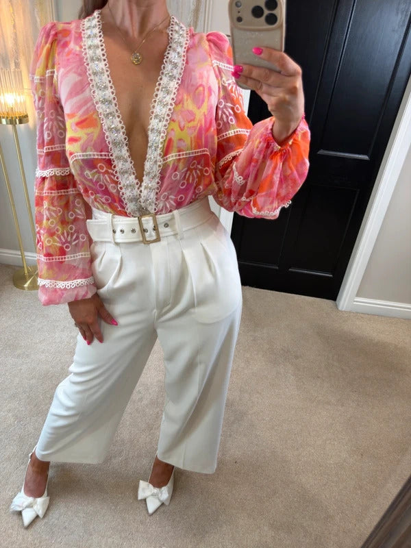 River Island Pink Embellished Bodysuit XS