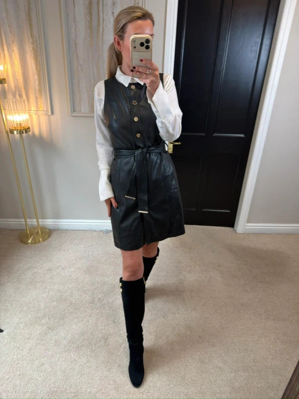 F&F Black Faux Leather Belted Dress 10