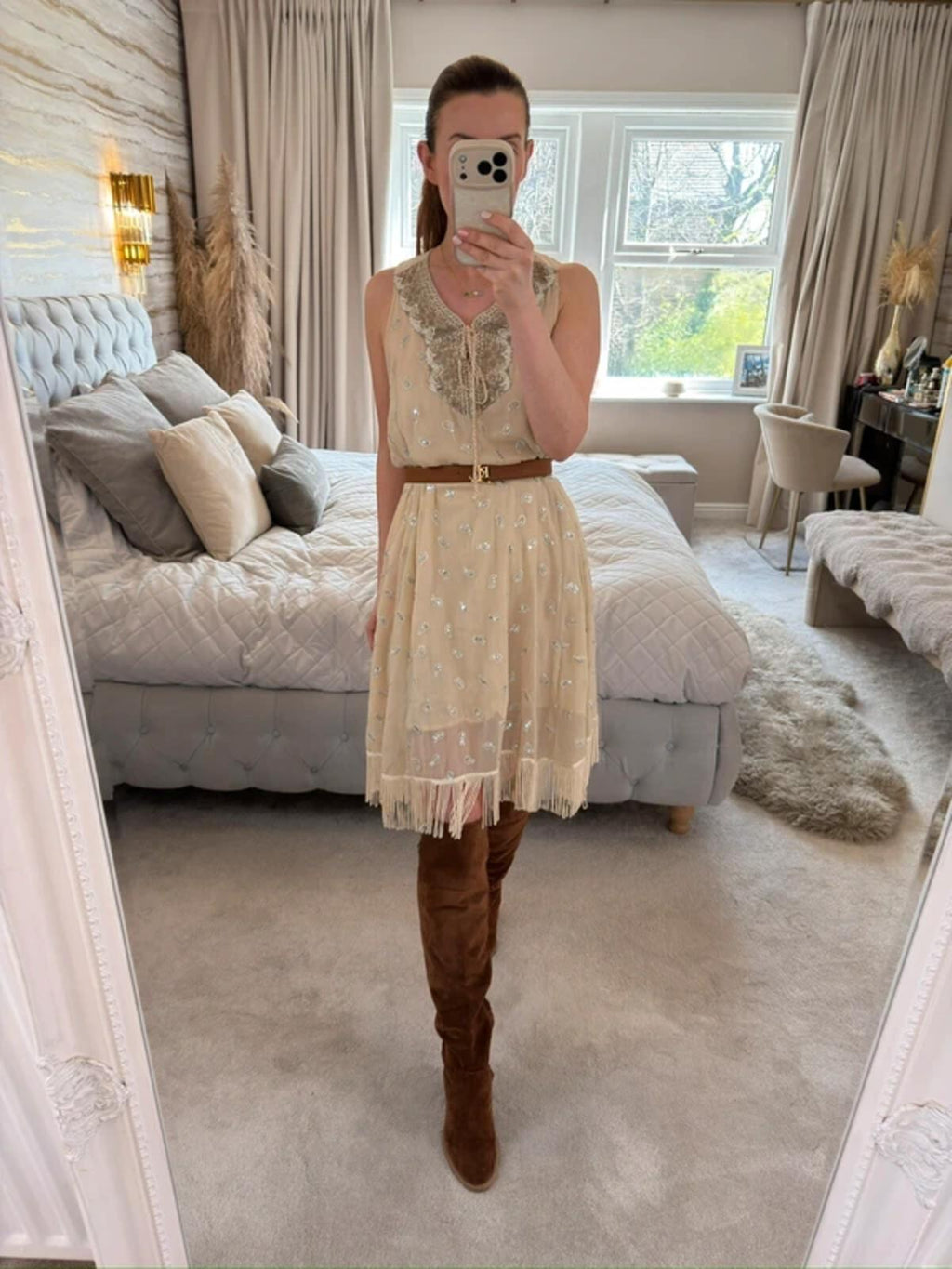 ⭐ Shilpavan Decor Exclusive Beige Boho Tassel Embellished Dress Medium
