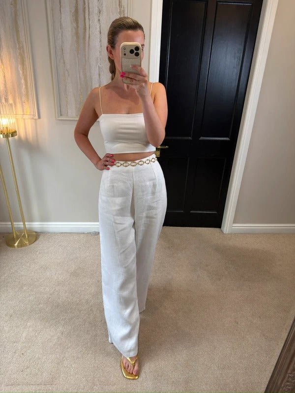 BNWT Beach City White Linen Wide Leg Trousers Large