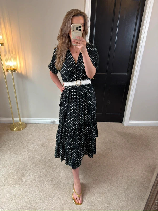 Knox Rose Black & White Tie Wrap Tiered Midi Dress Large