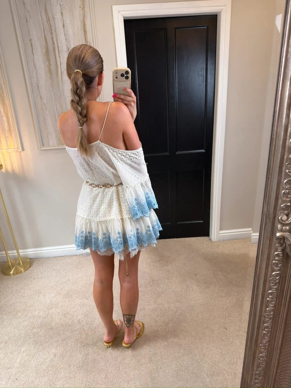 Miss June White & Blue Boho Mini Dress One Size