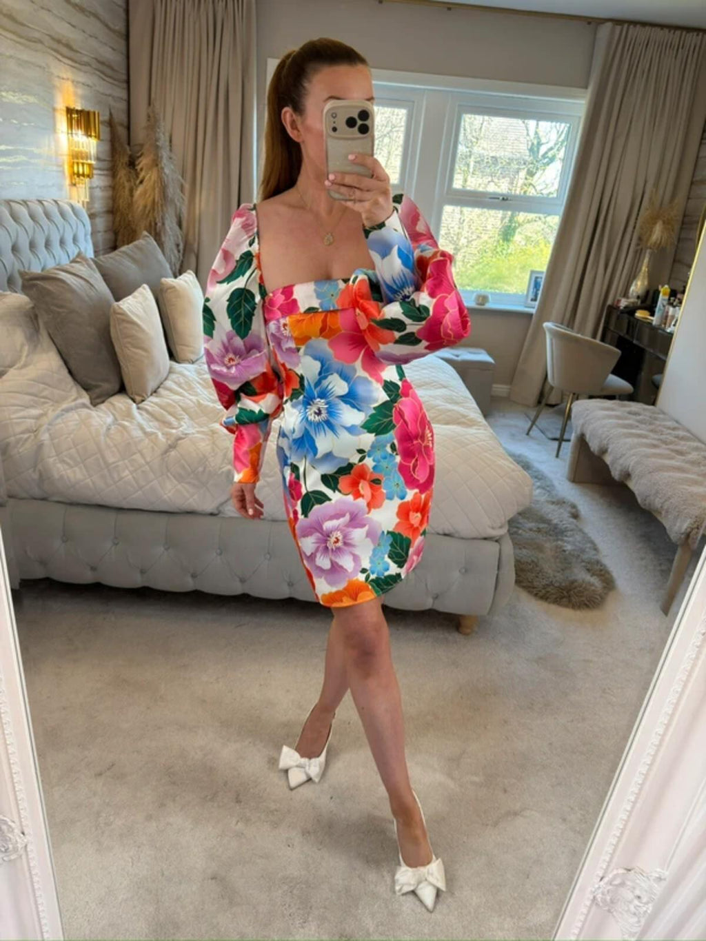ASOS Luxe Multicoloured Floral Open Back Puff Sleeve Dress 8
