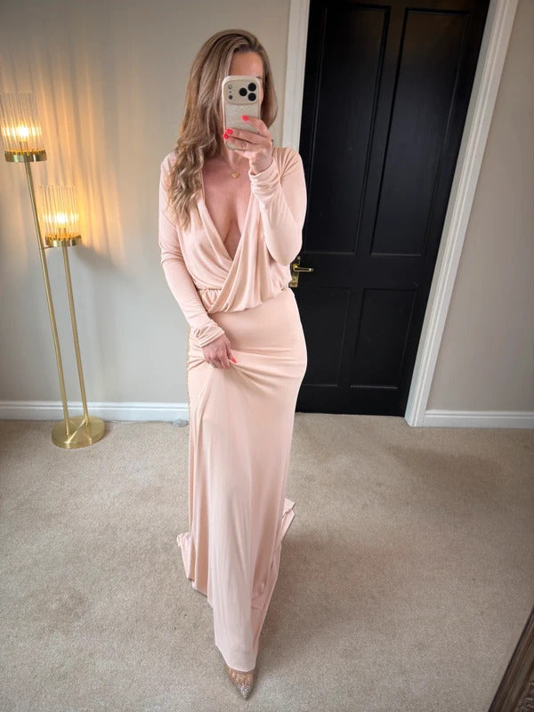 Gorgeous Couture Light Pink / Nude Plunge Dress Small