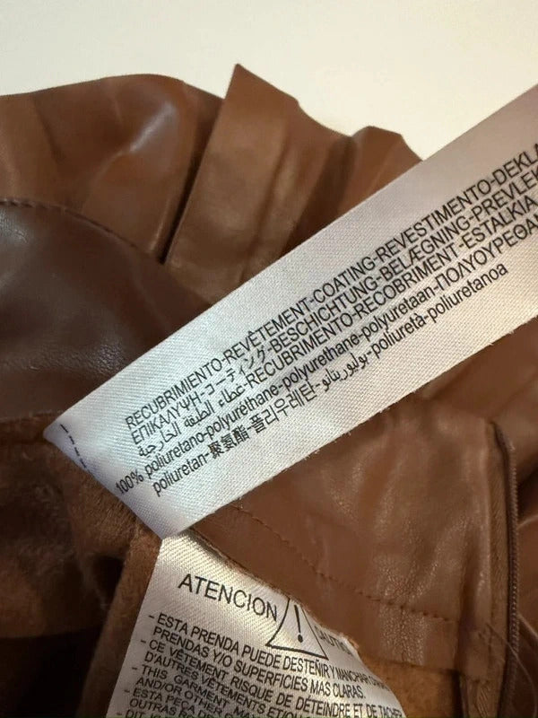 Zara Brown PU Leather Pleated Belted Skirt Small
