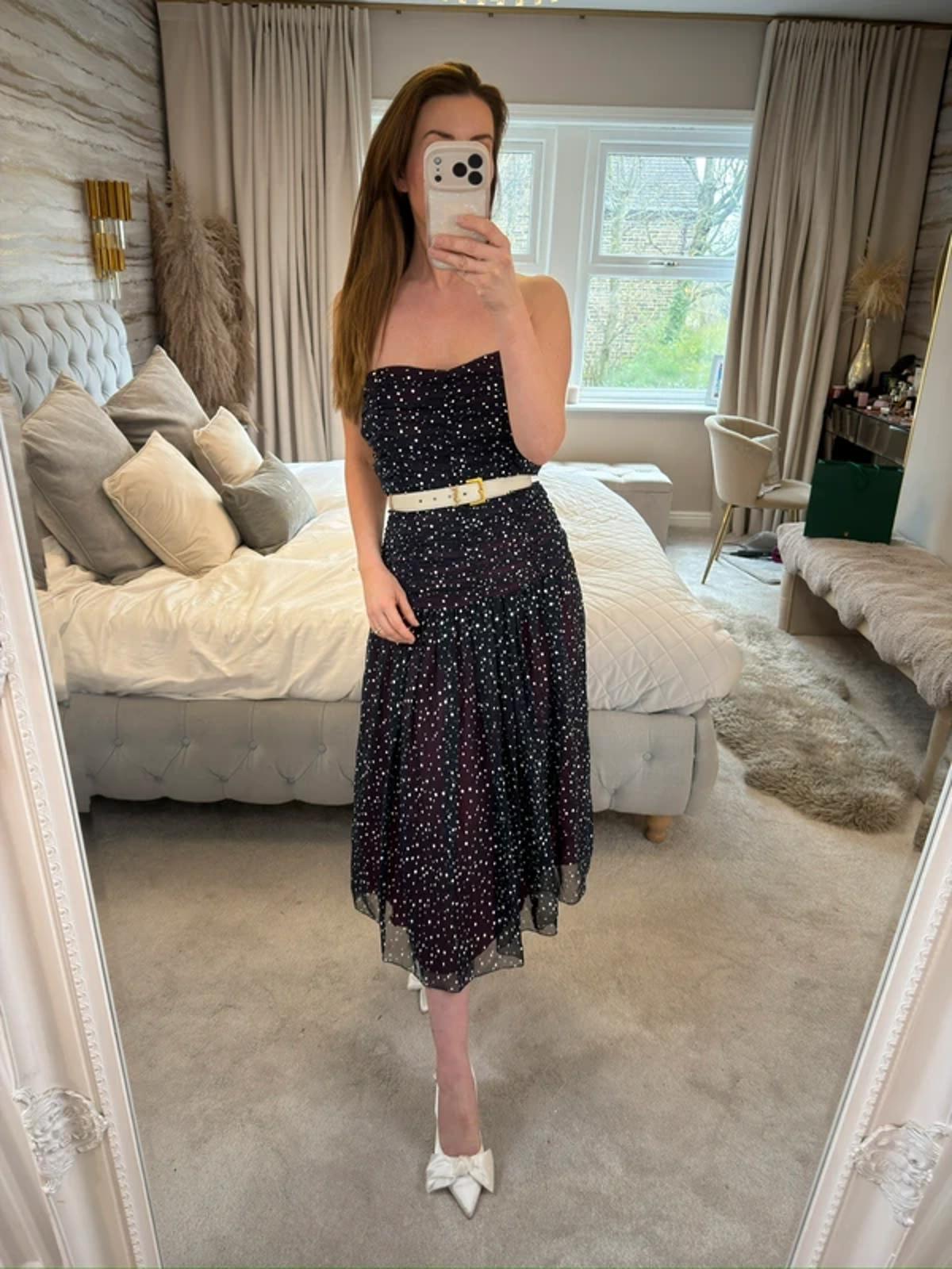 Vintage Navy Spotted Strapless Midi Dress 10/12