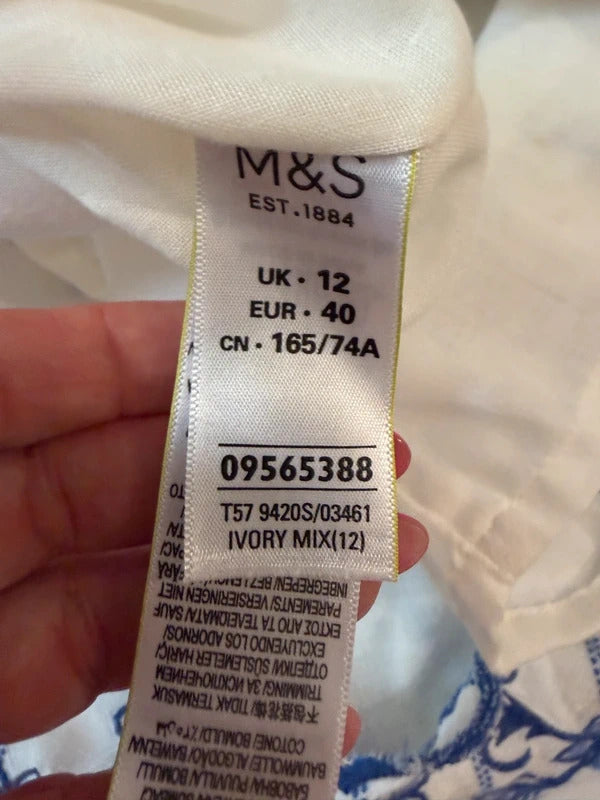 M&S White & Blue Embroidered Midi Skirt 12