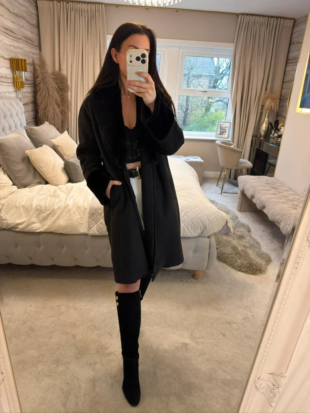 Jigsaw Black Faux Fur Coat Medium