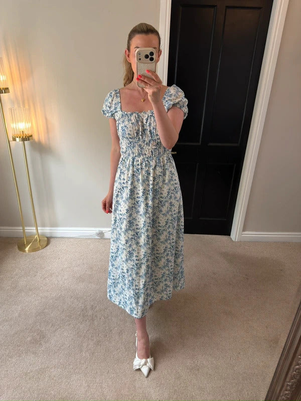 H&M White & Blue Floral Midi Dress Small