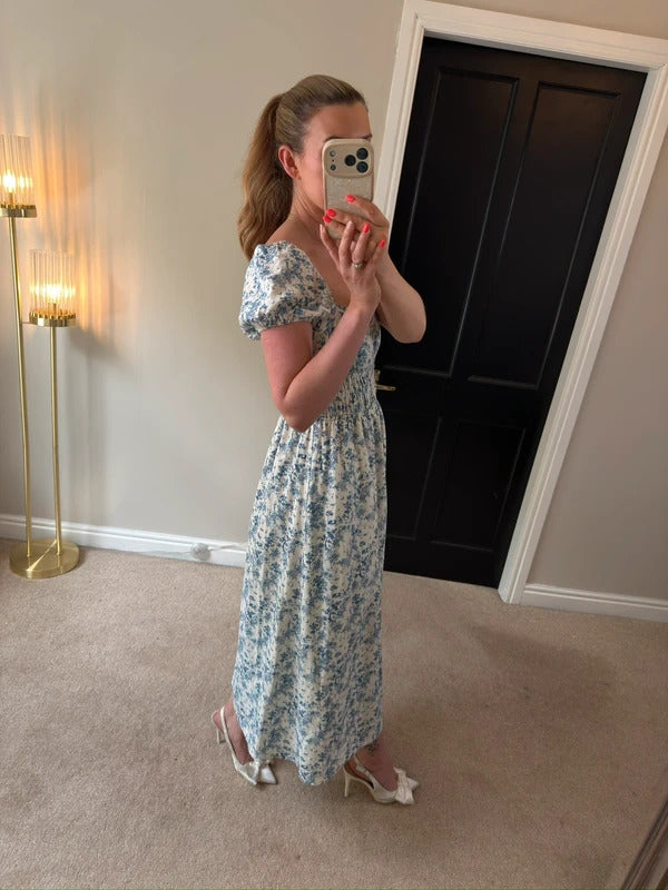 H&M White & Blue Floral Midi Dress Small