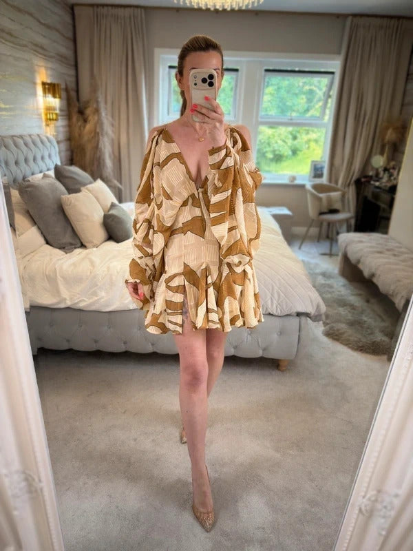 ASOS Beige & Brown Boho Gold Chain Open Back Mini Dress 10
