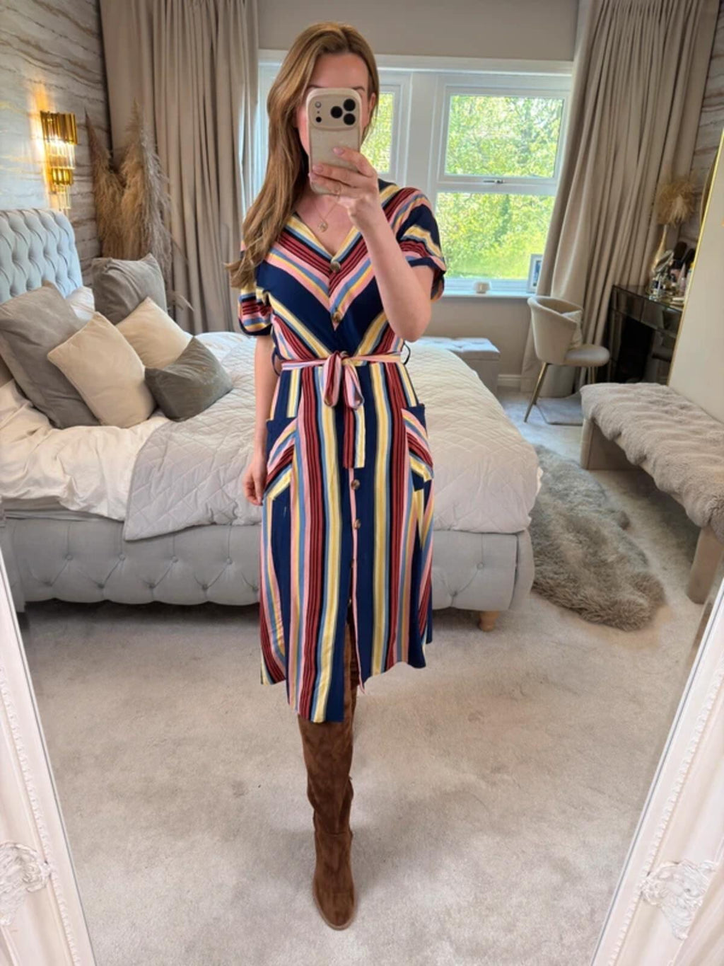 Warehouse Multicoloured Belted Midi Shirt Dress 10