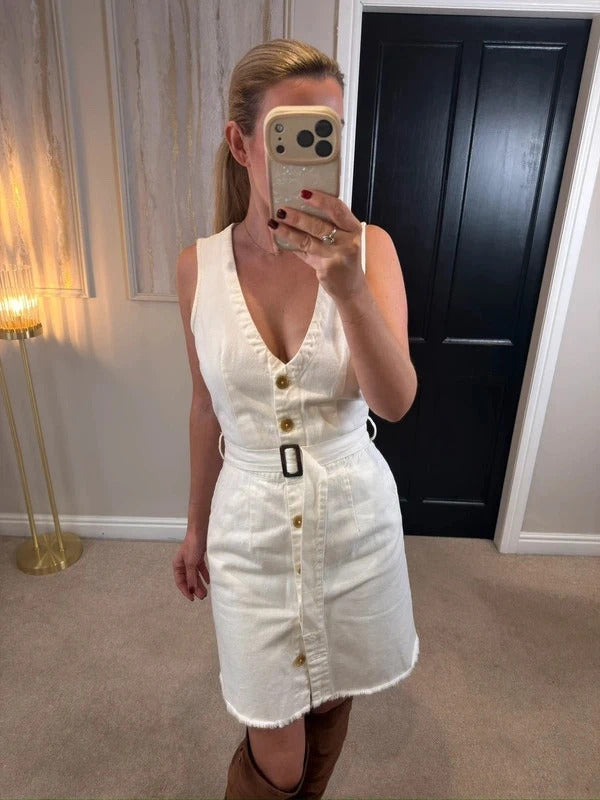 Missguided White Belted Denim Dress 10