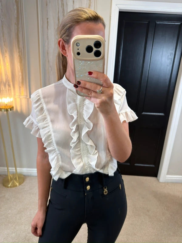 Boohoo Cream Semi Sheer Frill Blouse 6