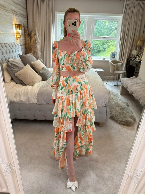 Moocci White & Orange Floral Tiered Skirt Co Ord Small
