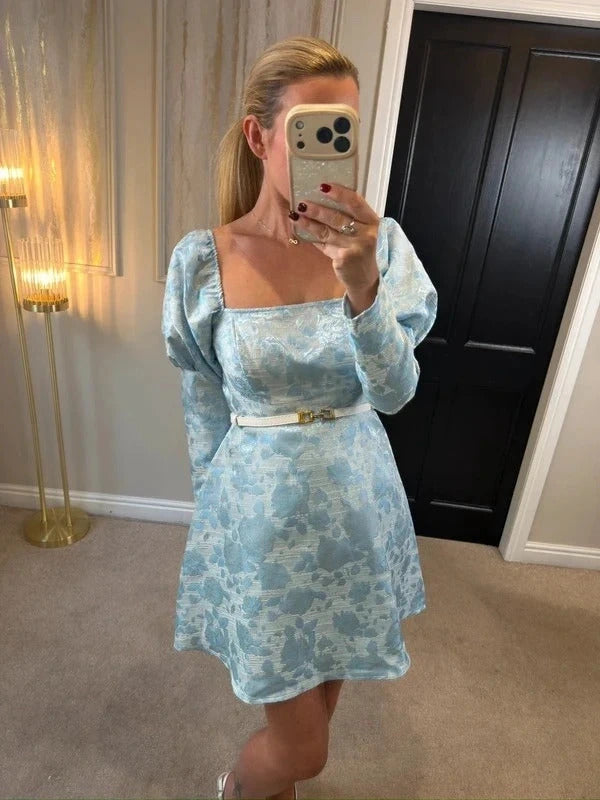 BNWT Miss Selfridge Blue Metallic Jacquard Floral Milkmaid Dress Small