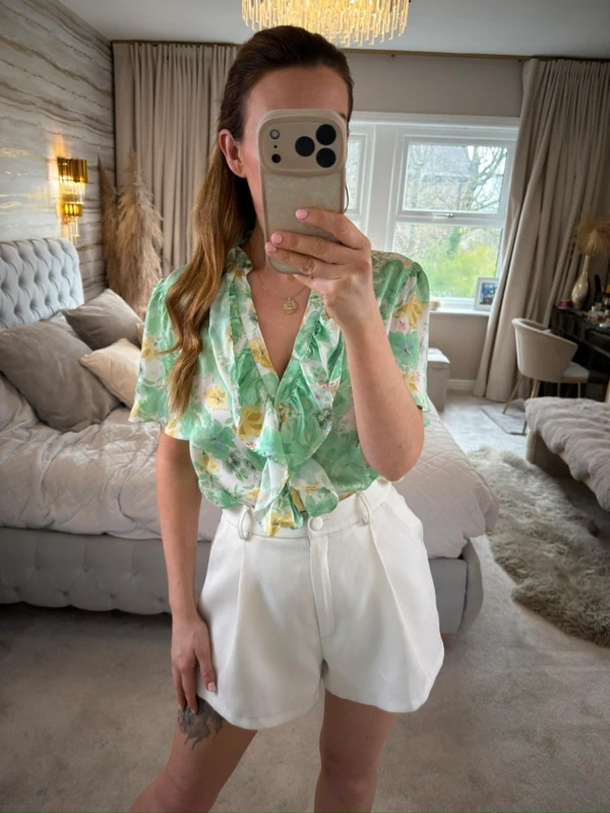 Zara Green Floral Frill Blouse Small