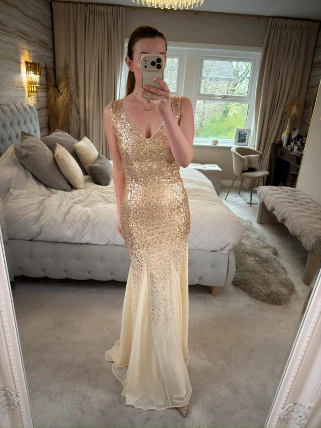 BNWT Goddiva Gold Sequin Evening Dress 6/8