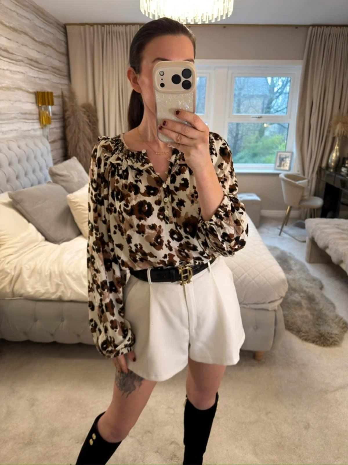 White & Brown Boho Animal Print Blouse 16