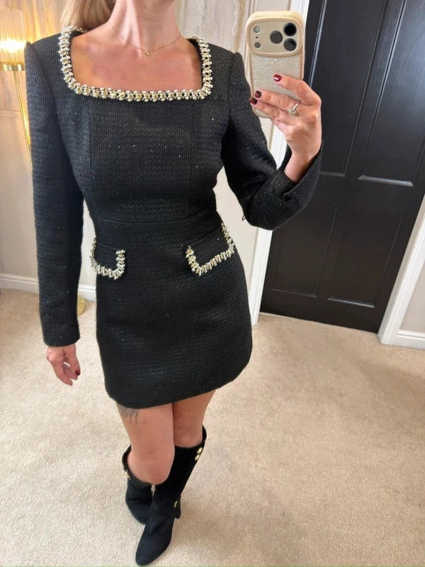 Sierra Darien Black Sparkle Tweed Embellished Dress Mediun