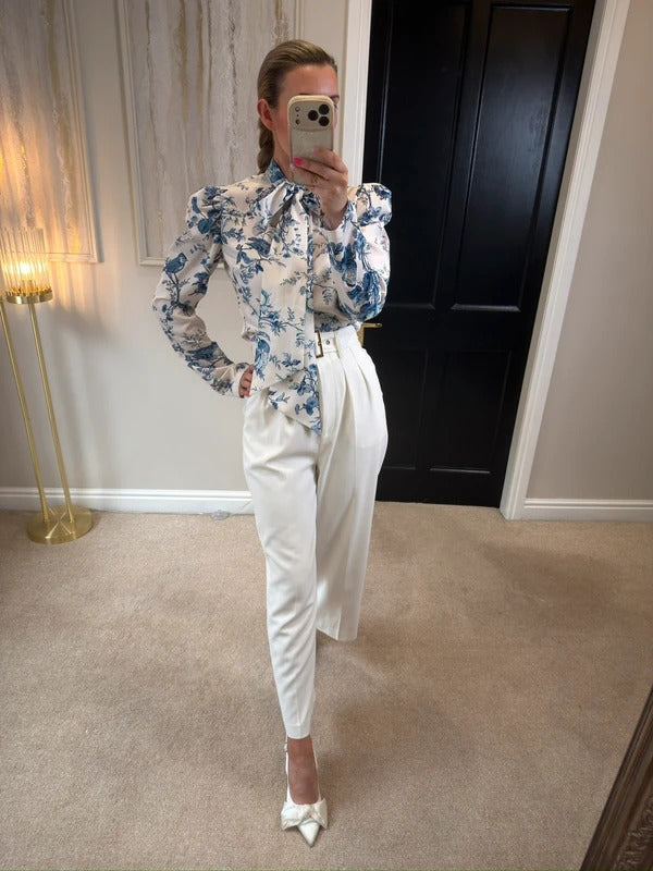 Anne Louise Boutique White & Blue Floral Bird Pussybow Blouse Size 10