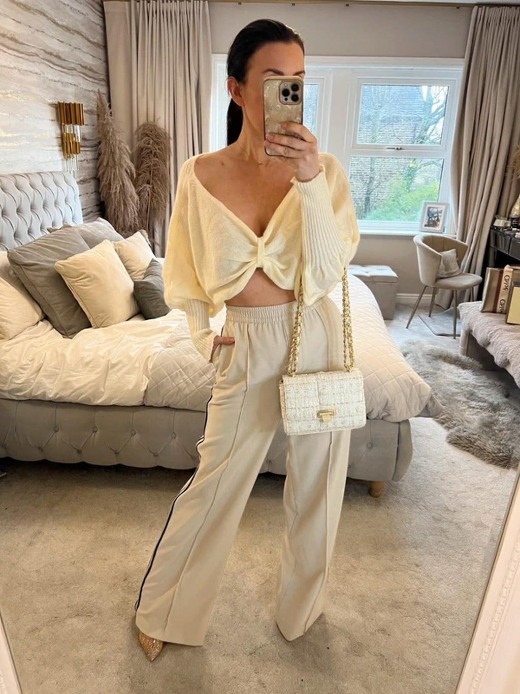 Cream Knot Front Knitted Top Large