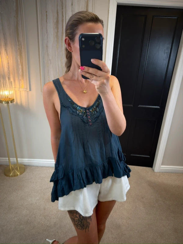 Vintage River Island Navy Boho Blouse 14