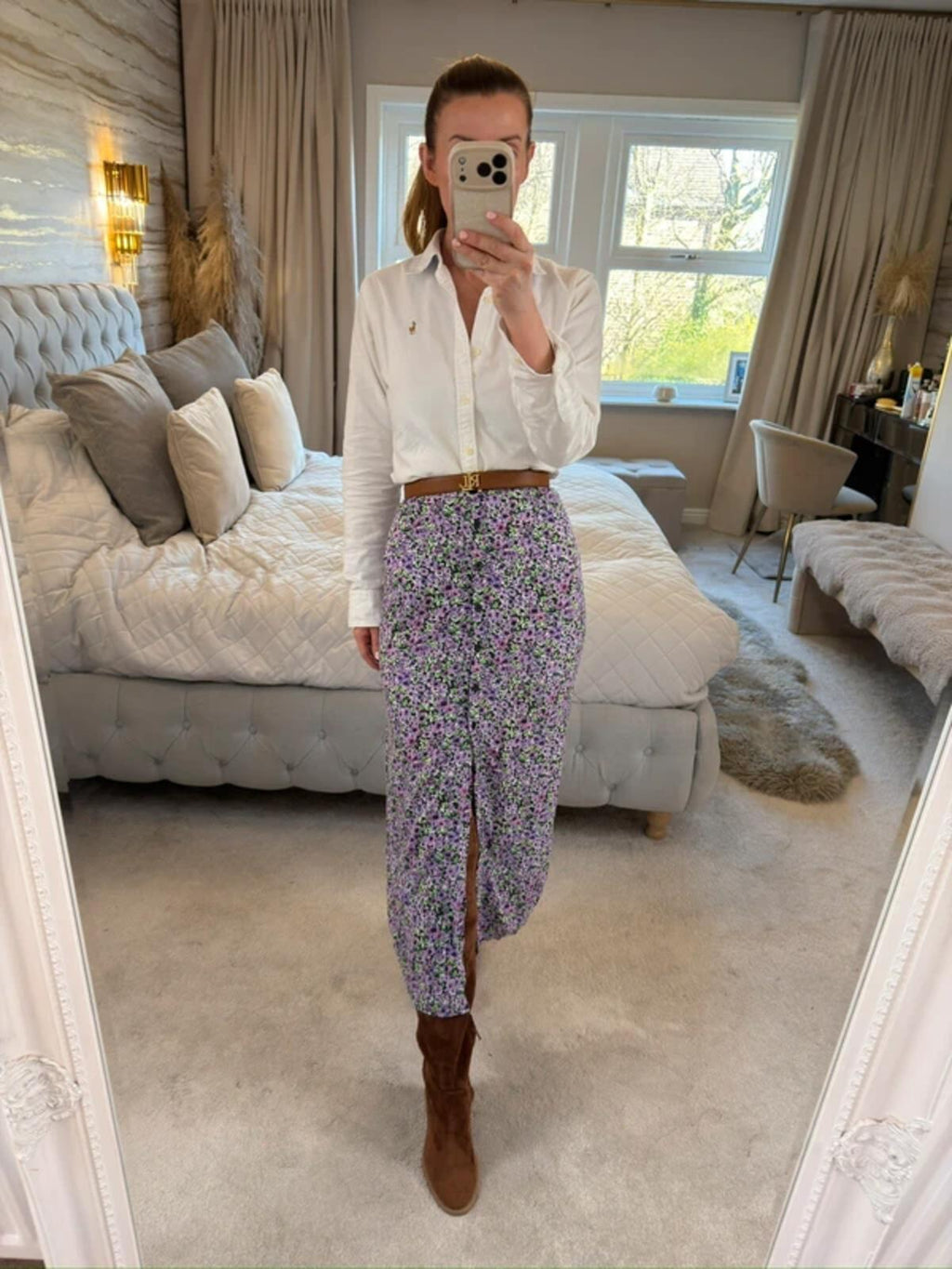 Motel Purple Floral Midi Skirt Large