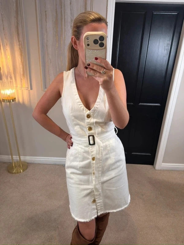 Missguided White Belted Denim Dress 10