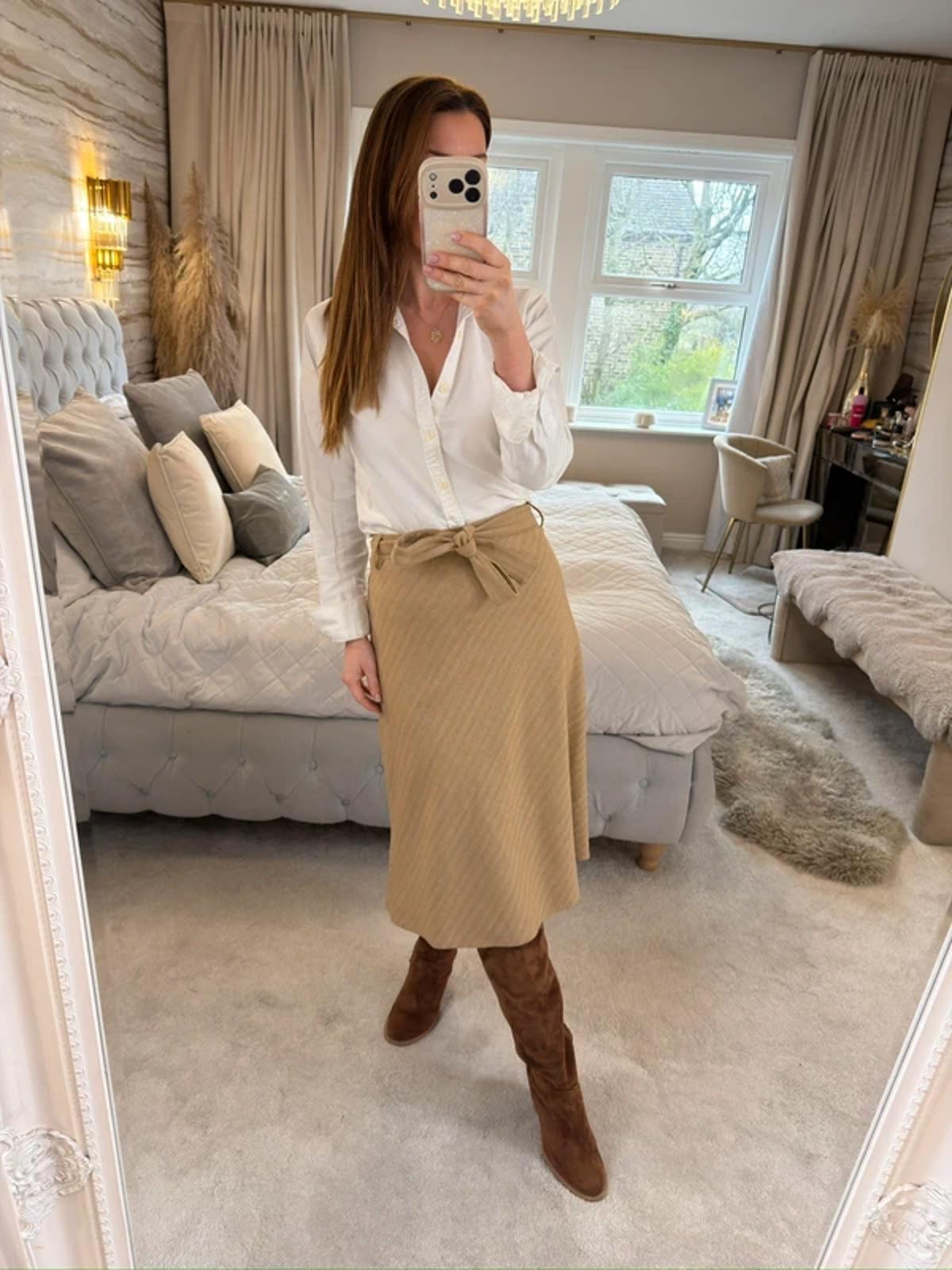 Vintage Hauber Beige Wool Blend Midi Skirt 14/16