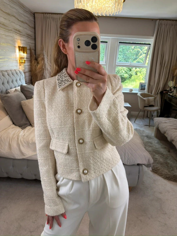 BNWT River Island Cream Embellished Tweed Blazer 12