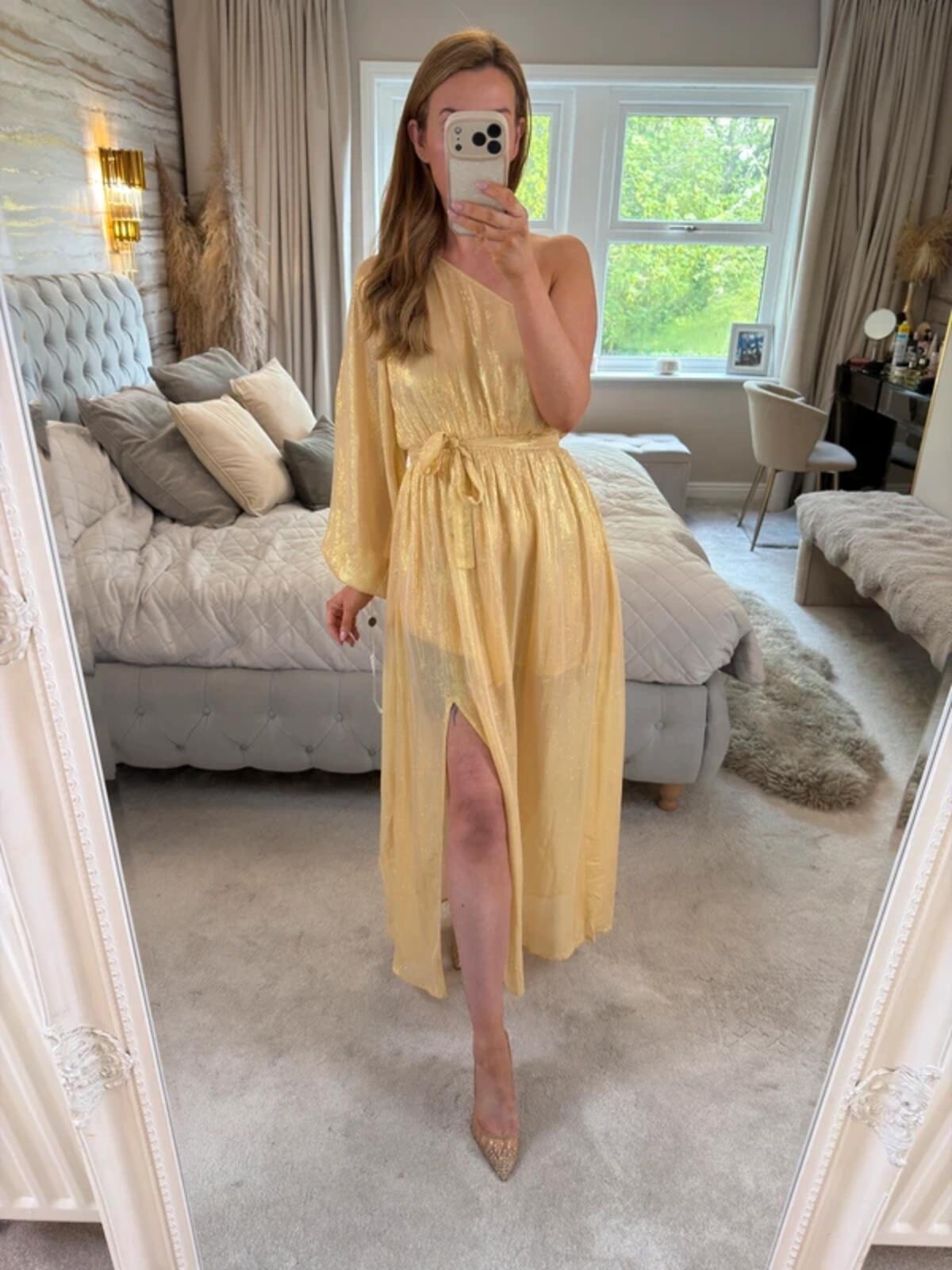 BNWT Sundress Gold Metallic One Shoulder Belted Dress Small