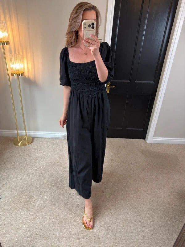 ASOS Navy Cotton & Linen Blend Wide Leg Cropped Jumpsuit 14/16