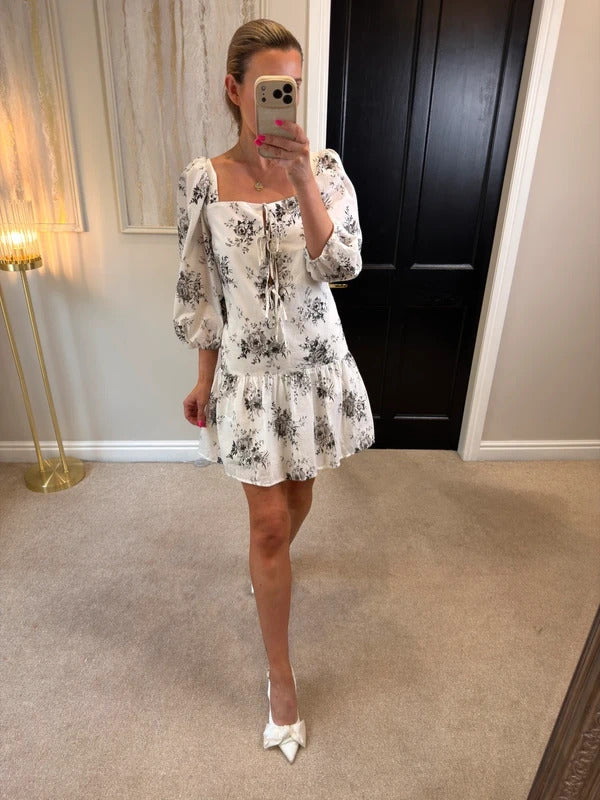 H&M White Floral Tie Front Drop Hem Dress Medium BNWT