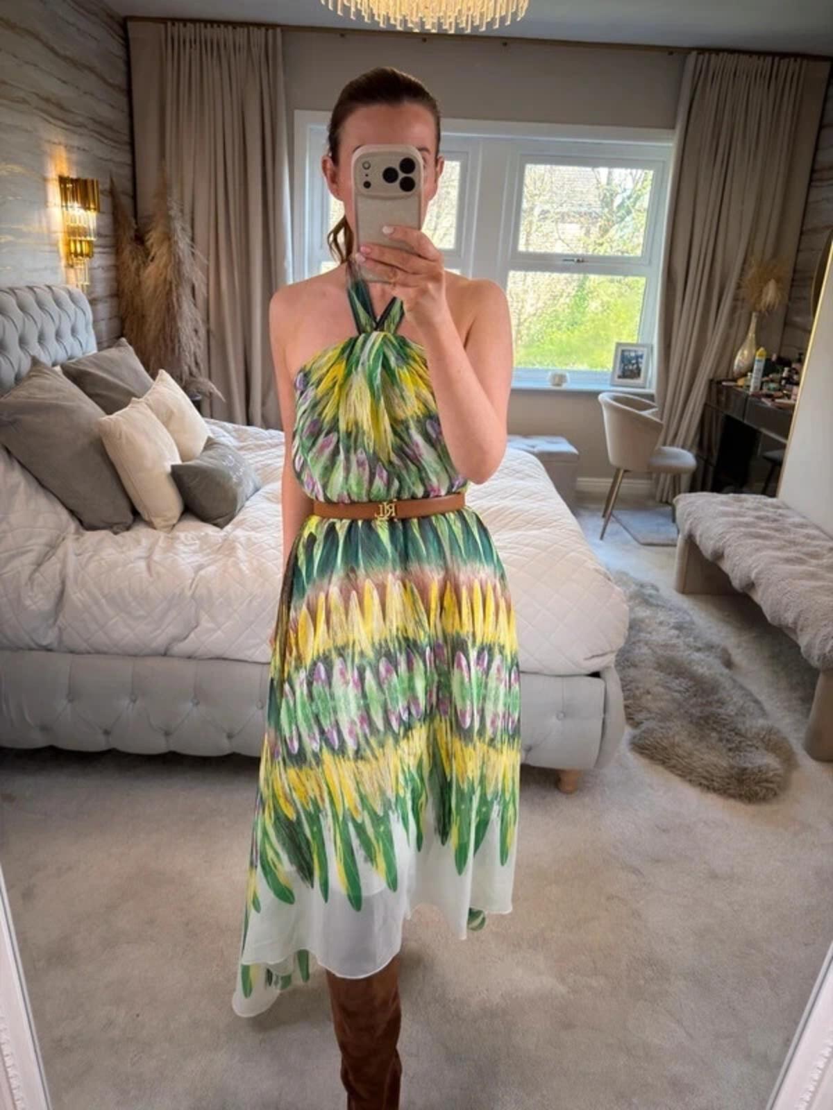 Caroline Morgan Green & Yellow Halterneck Dip Hem Dress 8