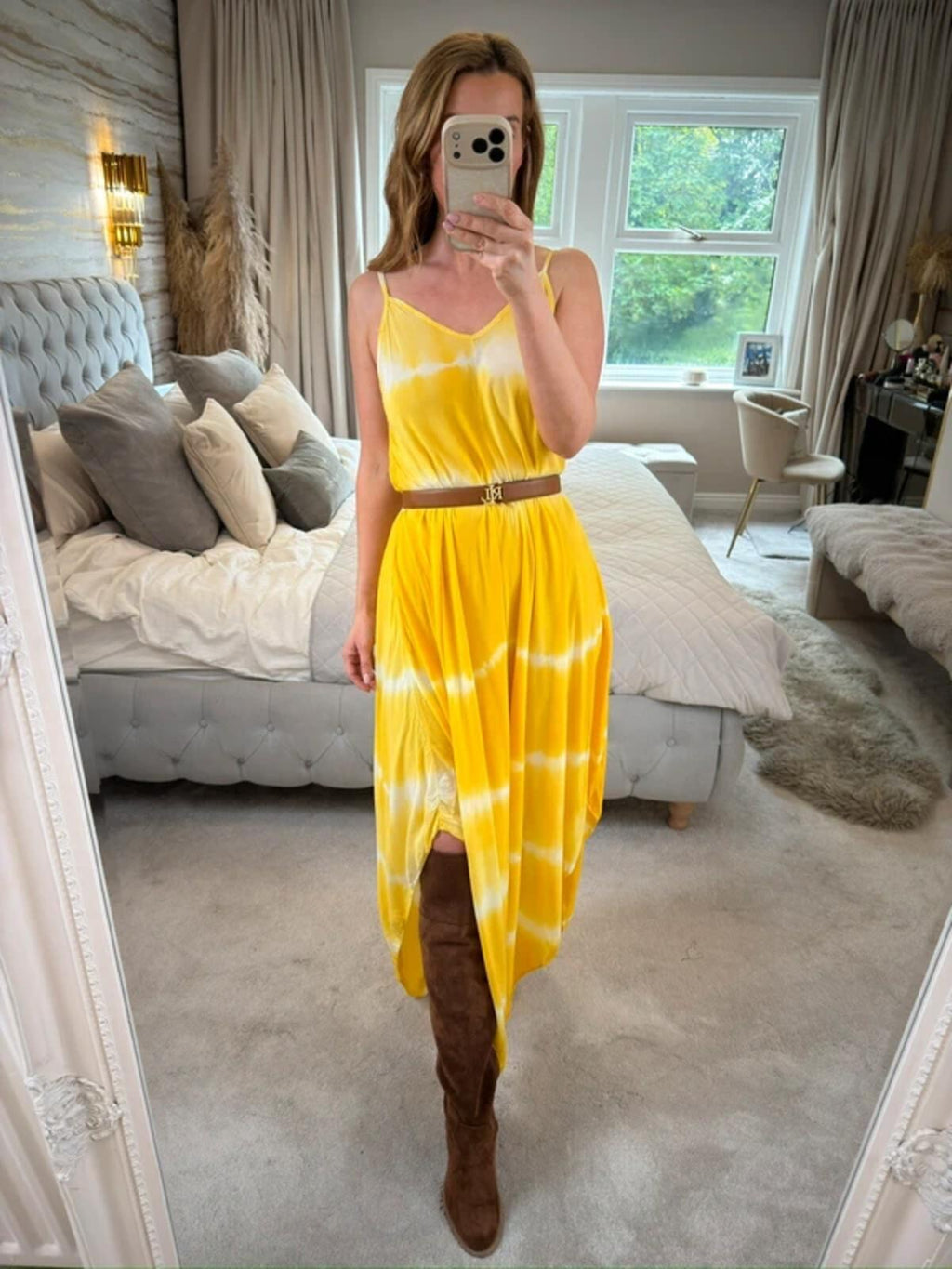 Boutique Yellow Tie Dye Dip Hem Dress One Size