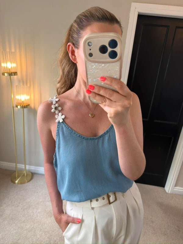 Boutique Light Denim Flower Blouse One Size