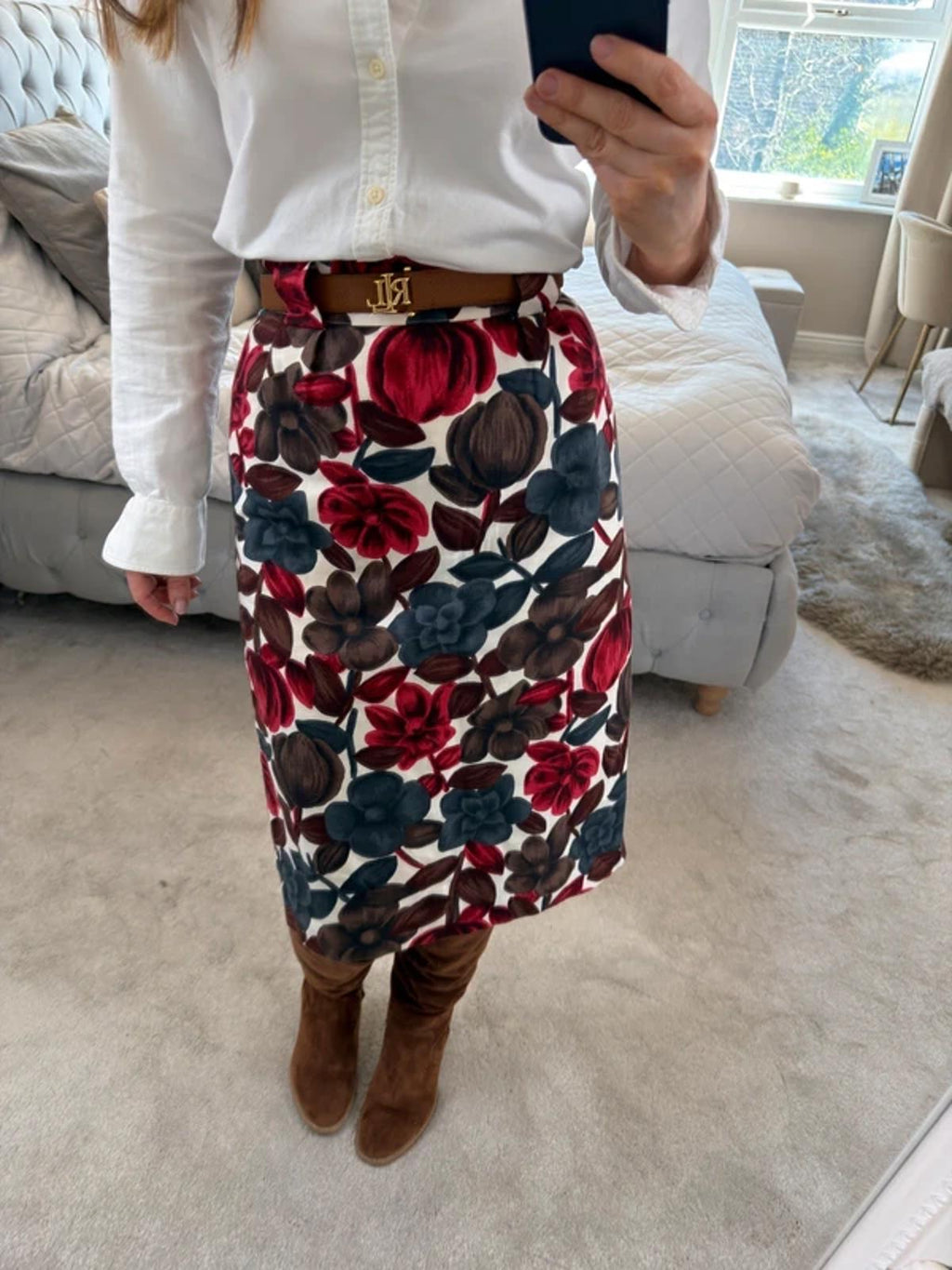 Boden Red Floral Skirt 8 Long