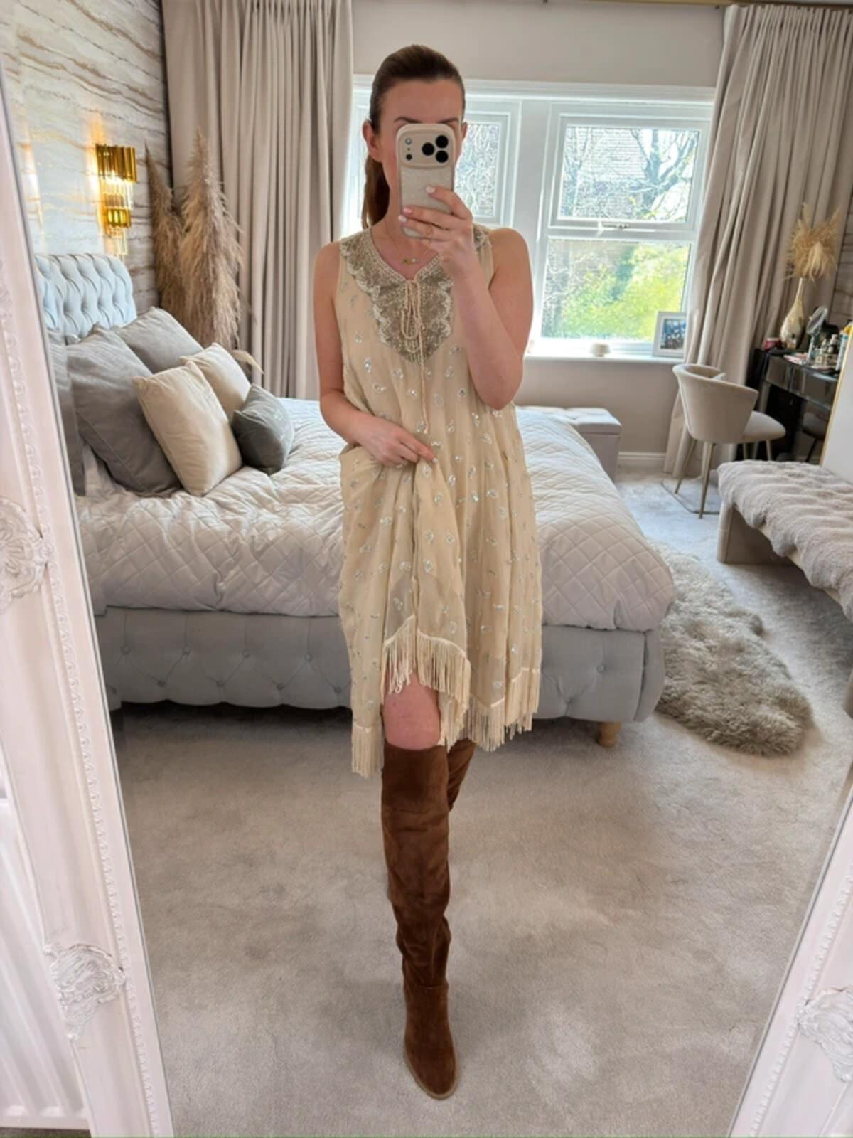 ⭐ Shilpavan Decor Exclusive Beige Boho Tassel Embellished Dress Medium