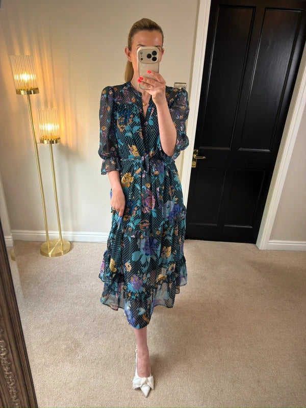 Next Navy Floral Tiered Frill Midi Dress 12